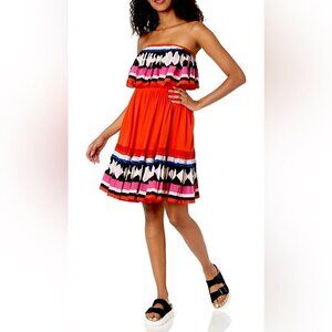 Kate Spade New York, Geo Border Printed Pleated Dress, Red Strapless, Flowy, 6